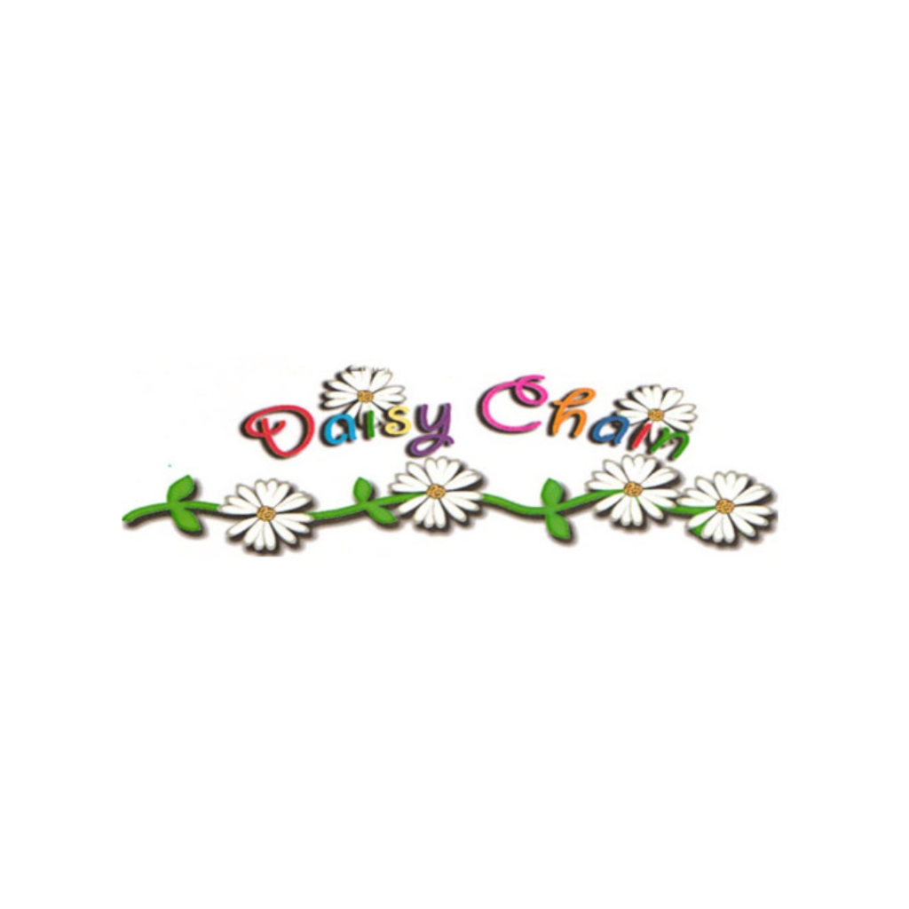Daisy Chain Logo - Each letter is a different colour, D is red, a is blue, i is green, s is yellow, y is purple. C is pink, h is orange, a is blue, i is red, n is green. On the top of the I's there is a medium sized daisy, white and yellow. Underneath the main text, there is an illustration of a daisy chain, with a green branch.