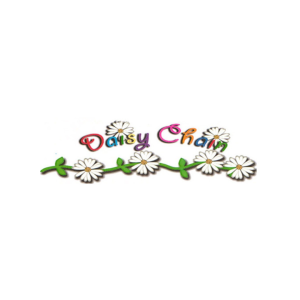 Daisy Chain Logo - Each letter is a different colour, D is red, a is blue, i is green, s is yellow, y is purple. C is pink, h is orange, a is blue, i is red, n is green. On the top of the I's there is a medium sized daisy, white and yellow. Underneath the main text, there is an illustration of a daisy chain, with a green branch.
