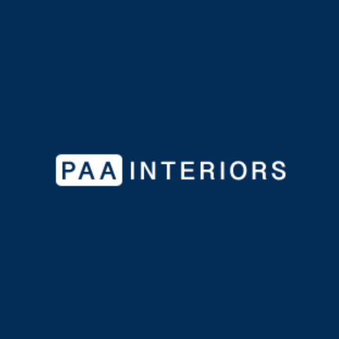 PAA Interiors Logo, Title is mostly written in white on a dark blue background, PAA is written in the same blue colour as the background, on a small rounded white rectangle, interiors is white text. The logo is placed in the centre.