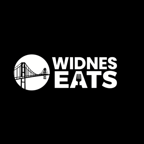 Widnes Eats Logo in white writing. Next to the writing there is an illustration of the mersey widnes bridge. The A has a fork in it.