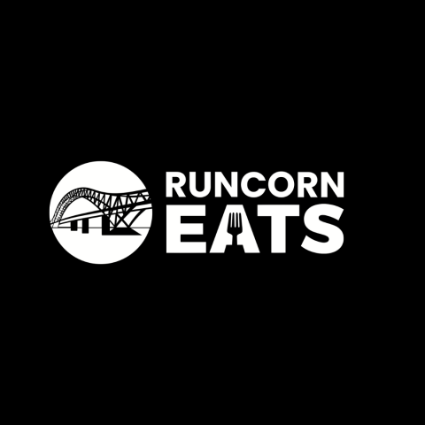 Logo. Black background. Text reads 'Runcorn Eats' in white. The A has a fork in it. Next to the words, there is a white background and in black, an illustration of the landmark Runcorn Bridge.
