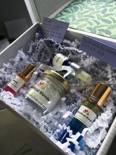 beneficial blends gift set, includes sleepwell rollerball, relax rollerball, sleepwell bath salts and sleepwell diffuser blend. Priced at £28.