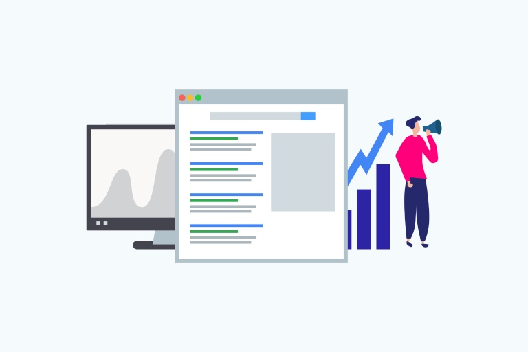 Illustration of Computer screen, a web page with Google search results on it, a rising graph and a person with a mega phone. These illustrations communicate how search engines may rank content higher if their websites are optimised. This represents the topic of our blog visually. It is on a pale blue screen.