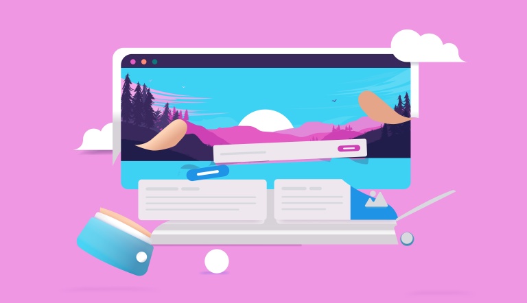 computer screen and logos on pink background